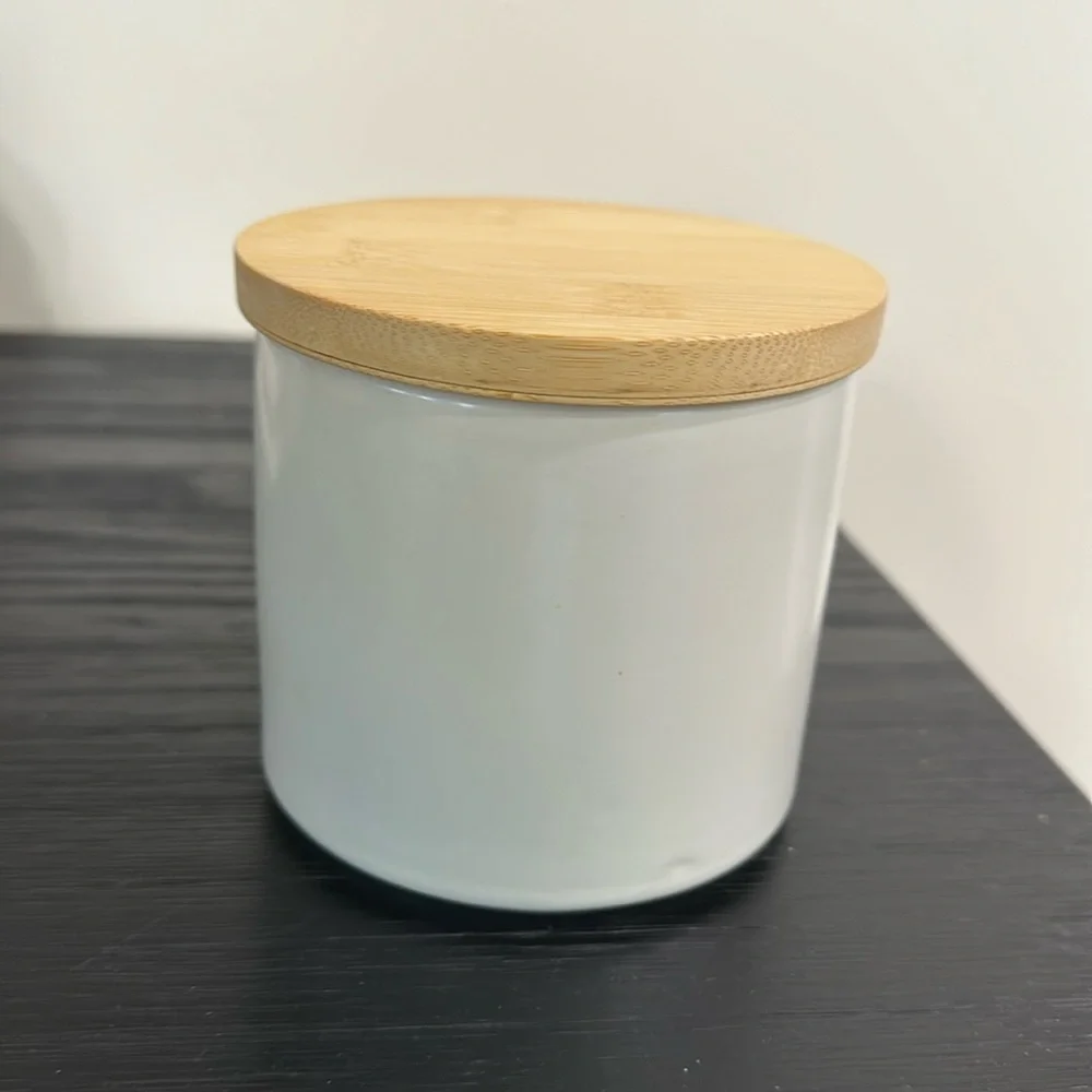 Crate & barrel ceramic canister with bamboo lid